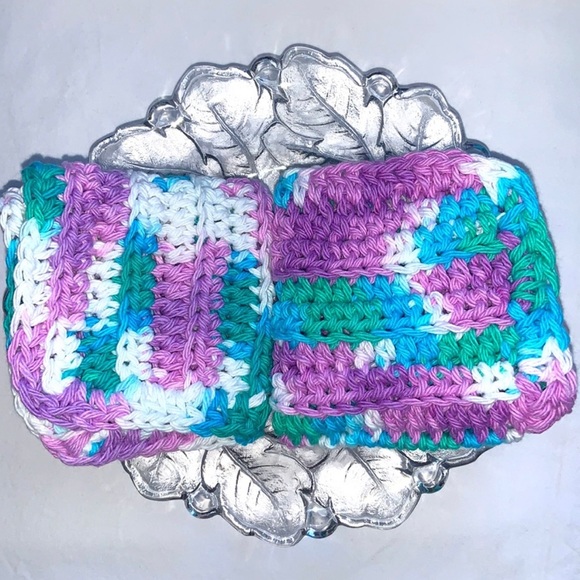 HAND CRAFTED Crochet Two Colorful AllPurpose Cotton Bath or Kitchen Dish Cloths - Picture 3 of 6
